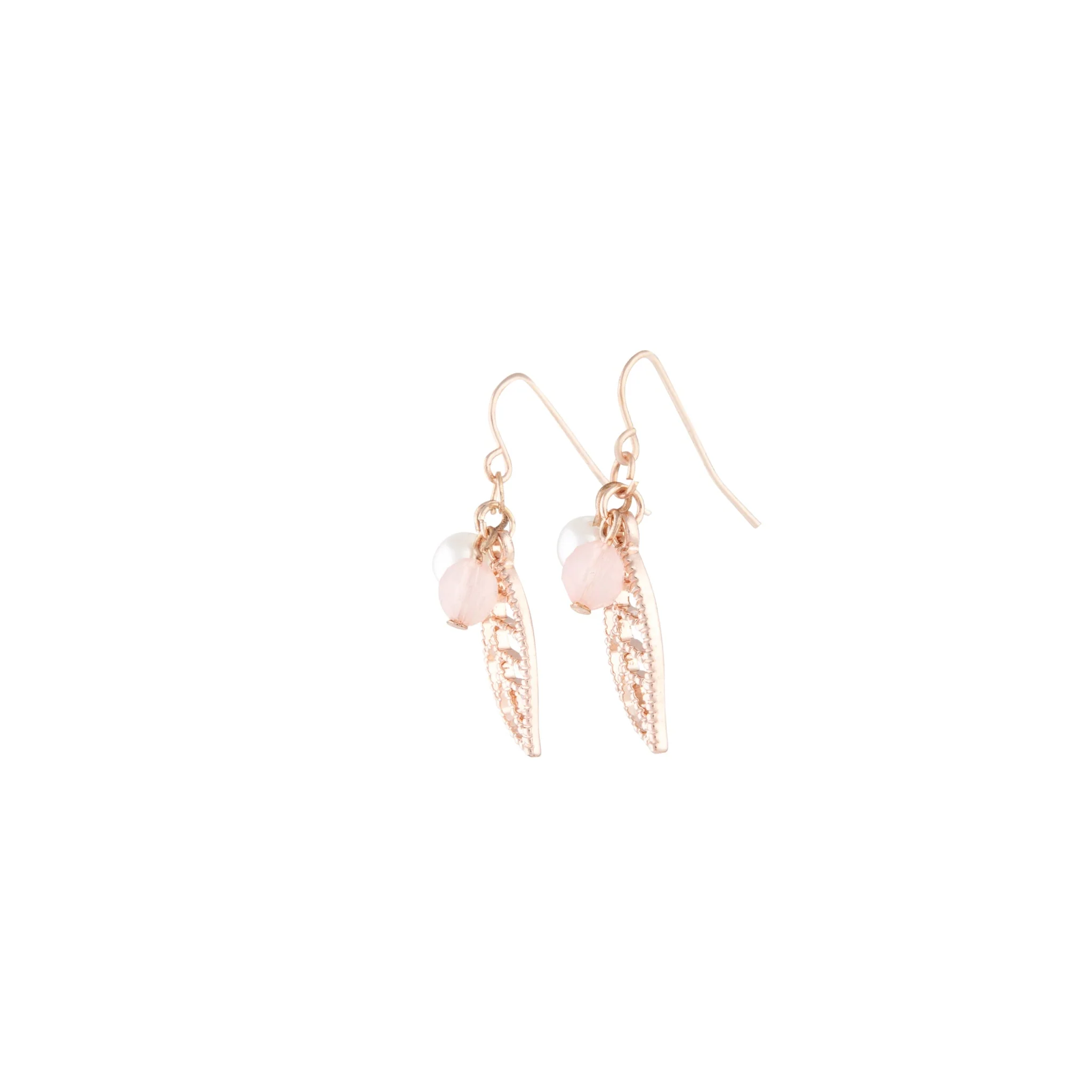 Rose Gold Pink Bead Leaf Drop Earrings - Image 4