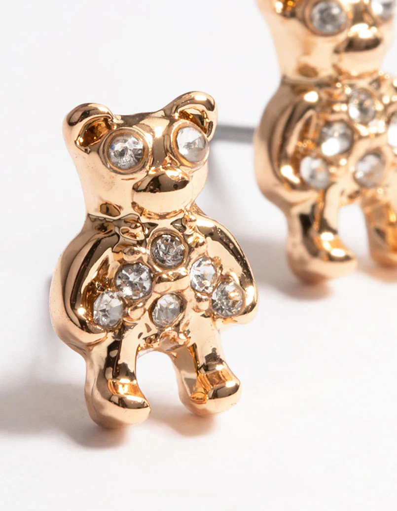 Gold Diamante Teddy Stud Earrings - Image 3