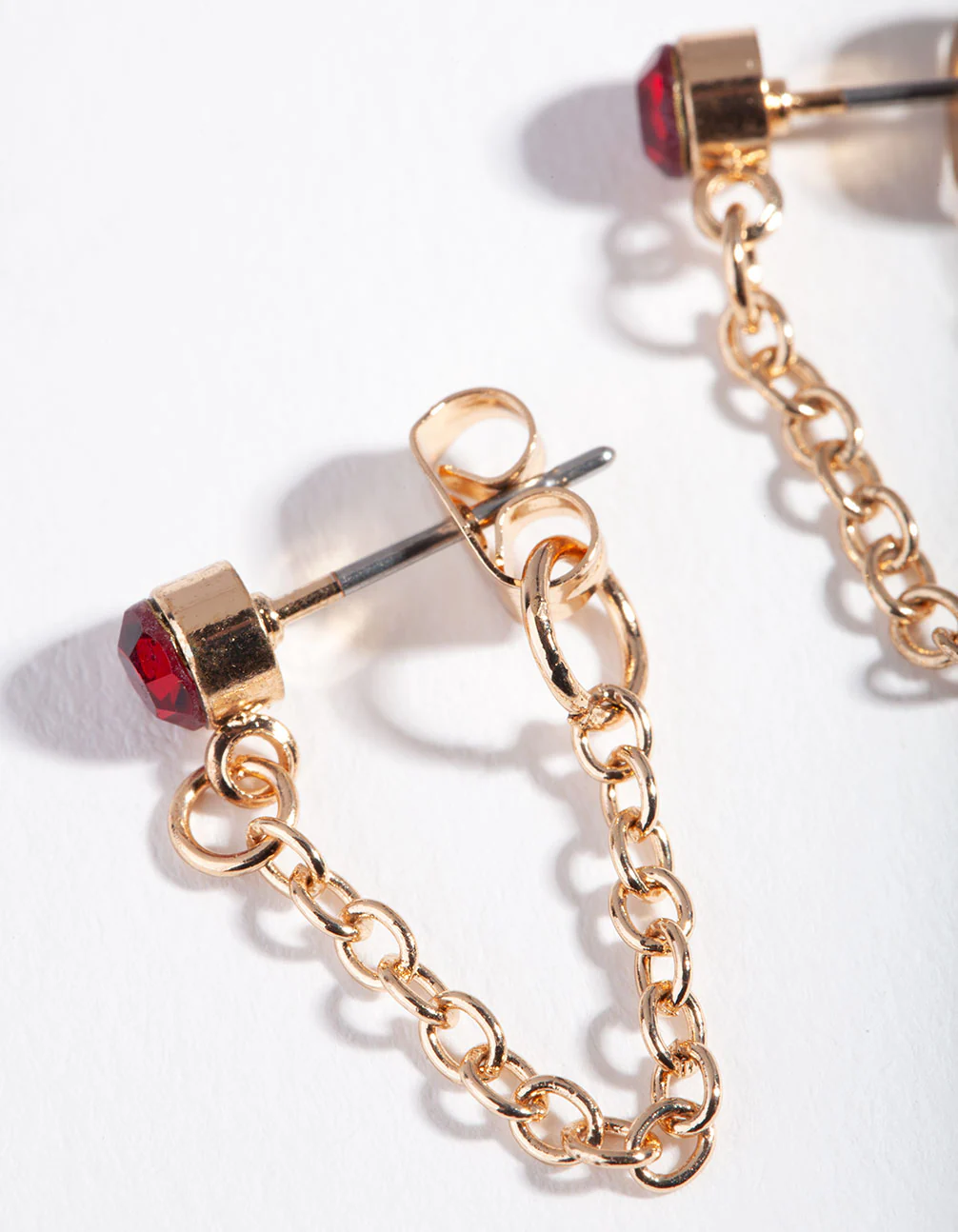 Gold Red Stone Chain Stud Earrings - Image 2
