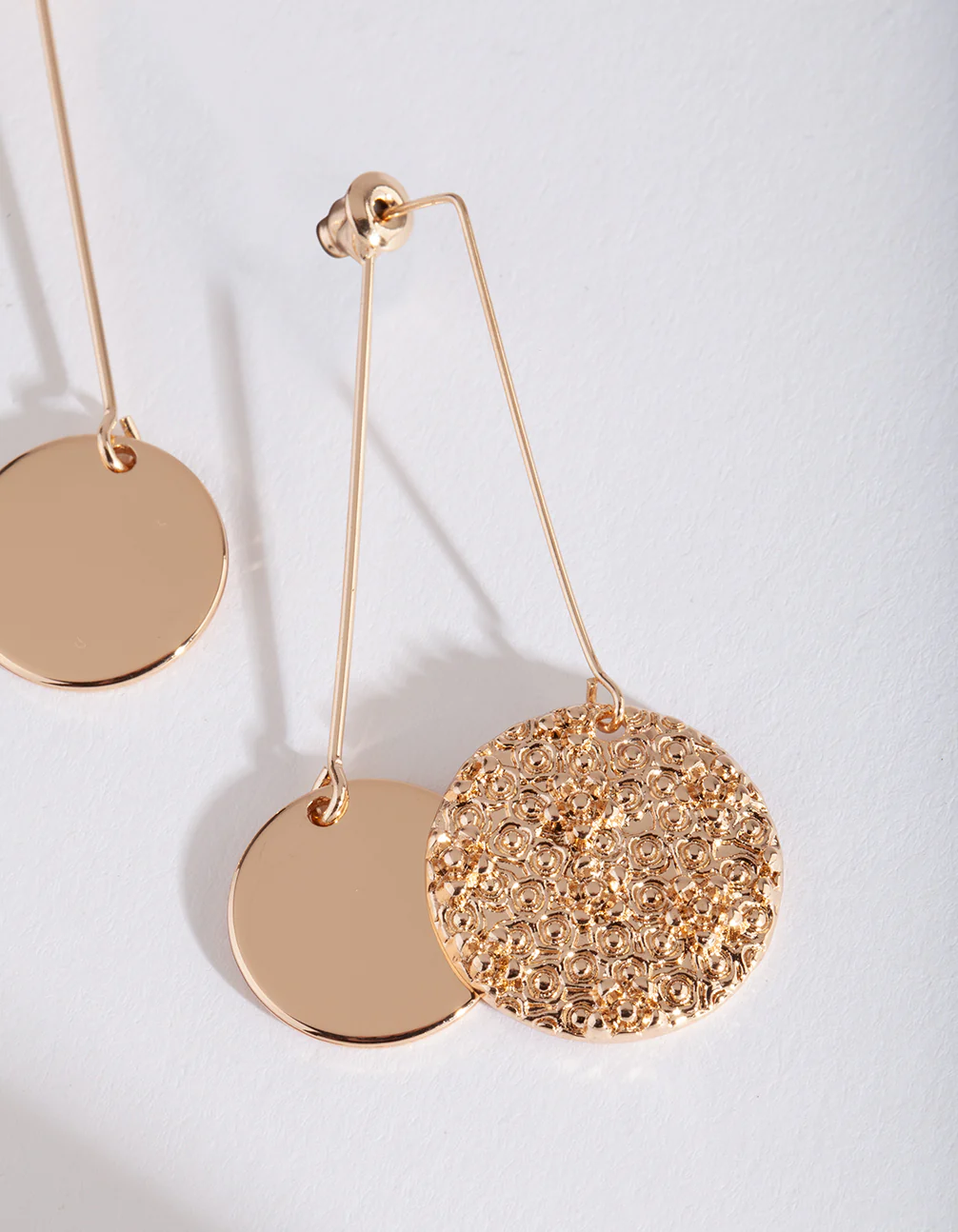 Gold Textured & Smooth Disc Drop Earrings - Image 2
