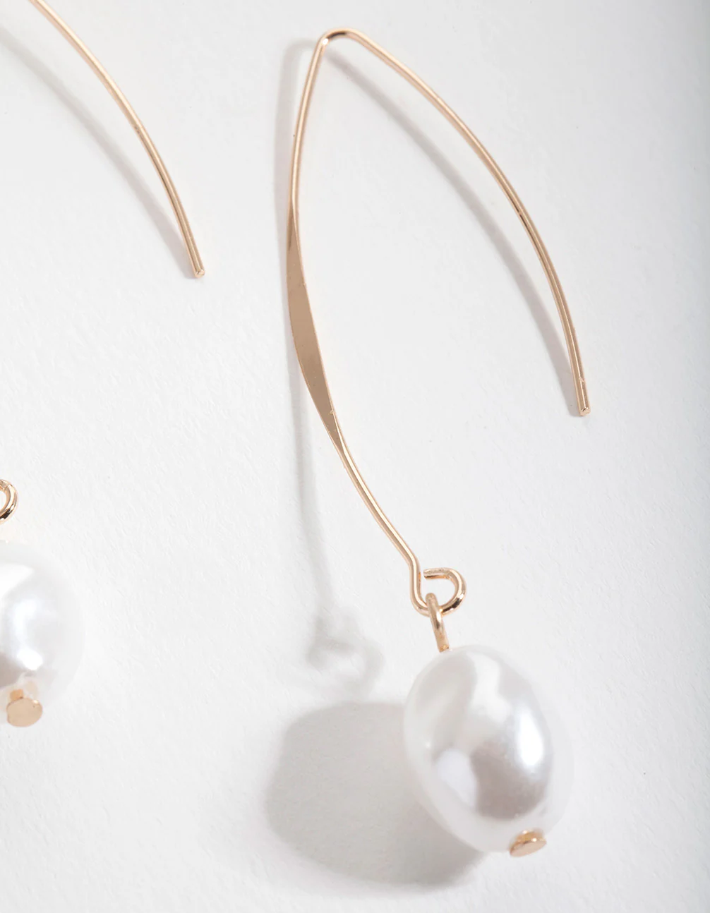 Gold Pearl Curved Thread Through Drop Earrings - Image 2