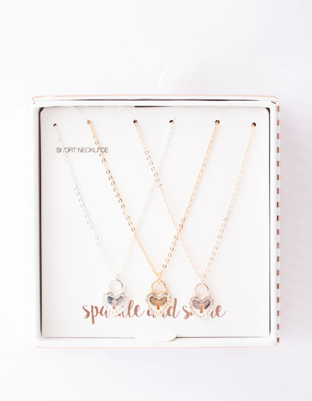 Mixed Metal Diamante Heart Lock Necklace Pack