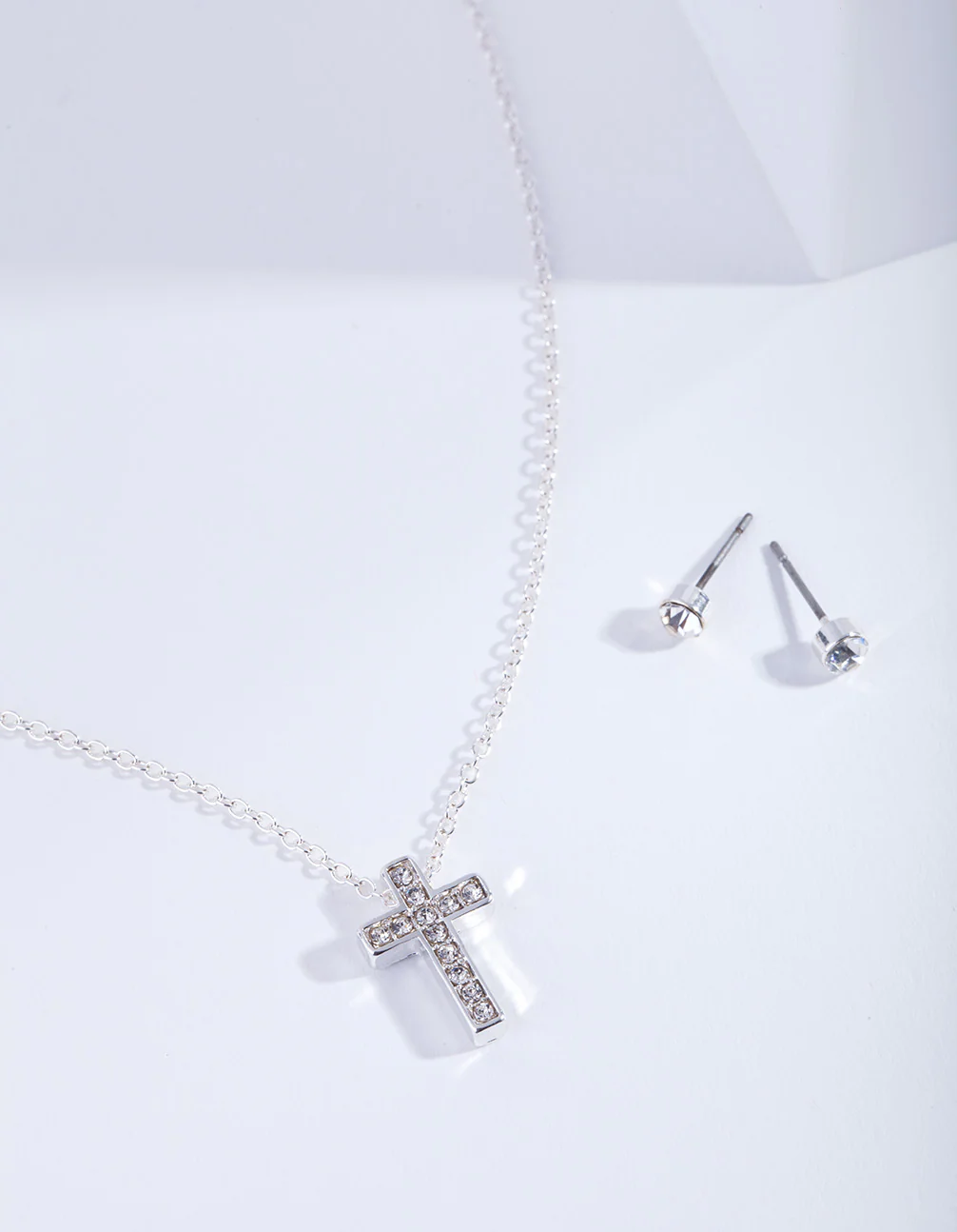Silver Diamante Cross Necklace Earrings Set - Image 2
