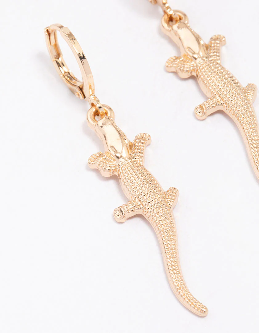 Gold Alligator Drop Huggie Hoop Earrings - Image 2