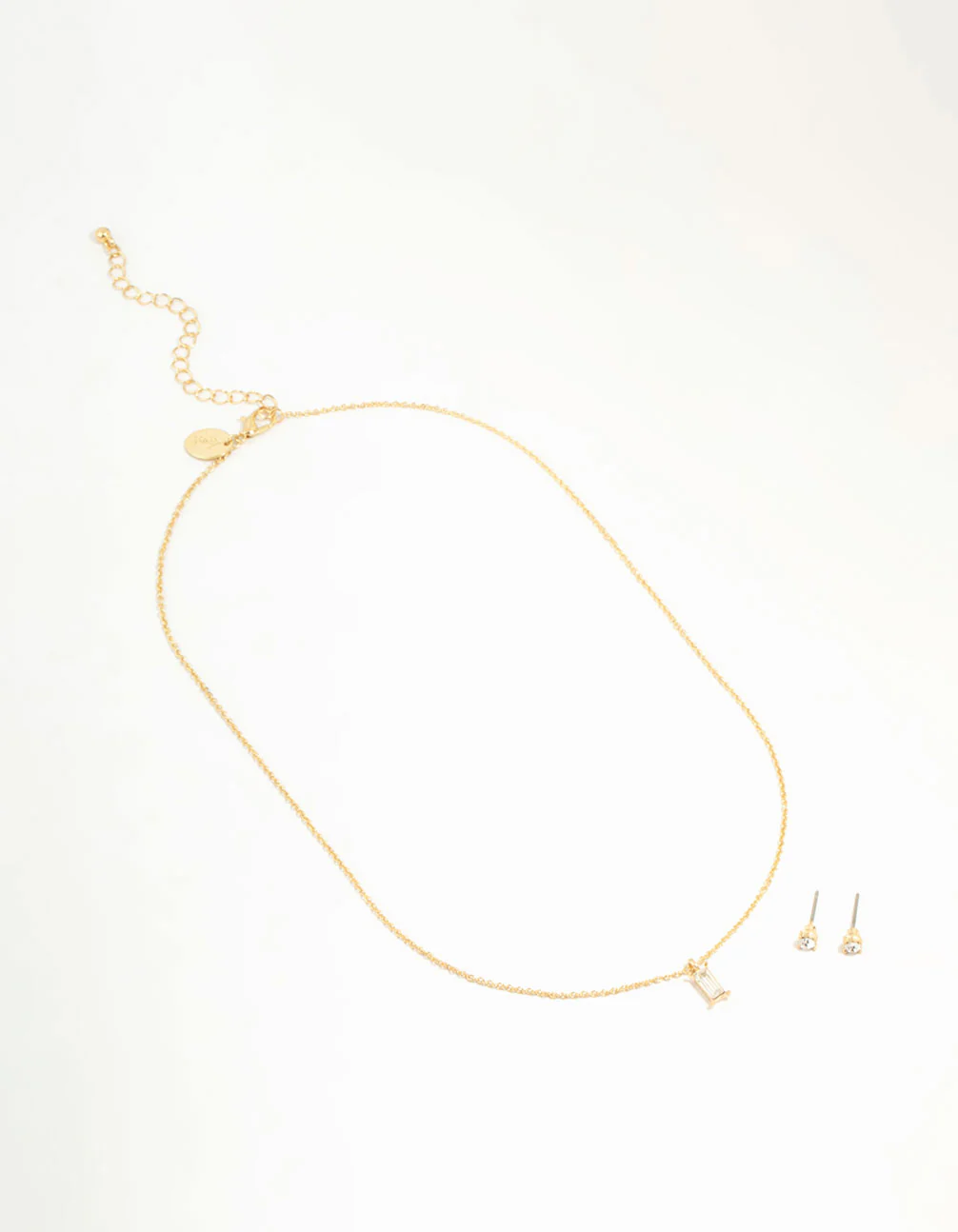 Gold Baguette Cut Diamante Necklace & Stud Earrings Set - Image 3
