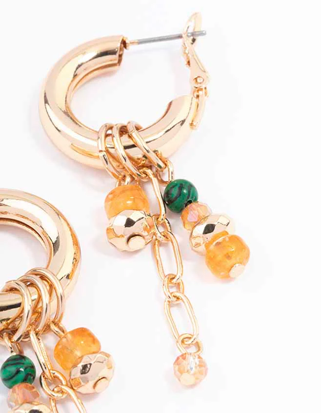 Gold Beaded Charm Chain Hoop Earrings - Image 3