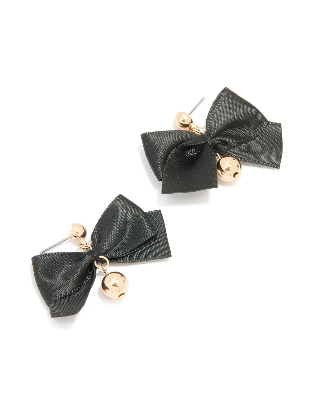 Gold Black Fabric Bow Ball Drop Earrings