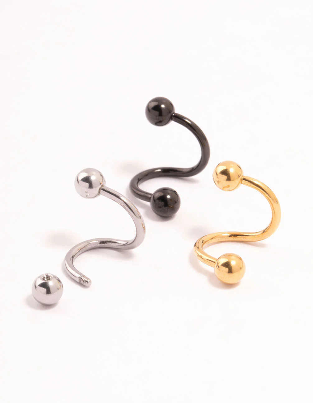 Gold, Black & Silver Surgical Steel  Twisted Belly Bars 3-Pack - Image 2