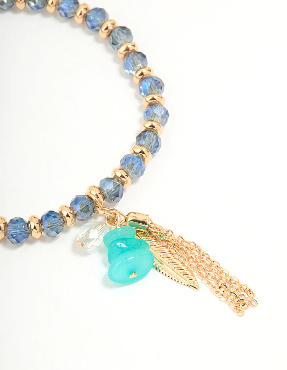 Gold Blue Beaded Feather Stretch Bracelet - Image 2