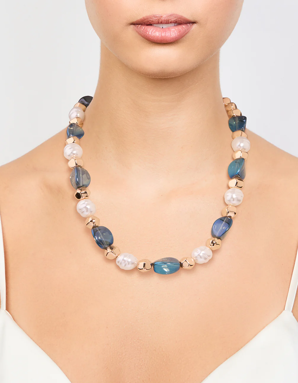 Gold Blue Beaded Short Necklace - Image 2