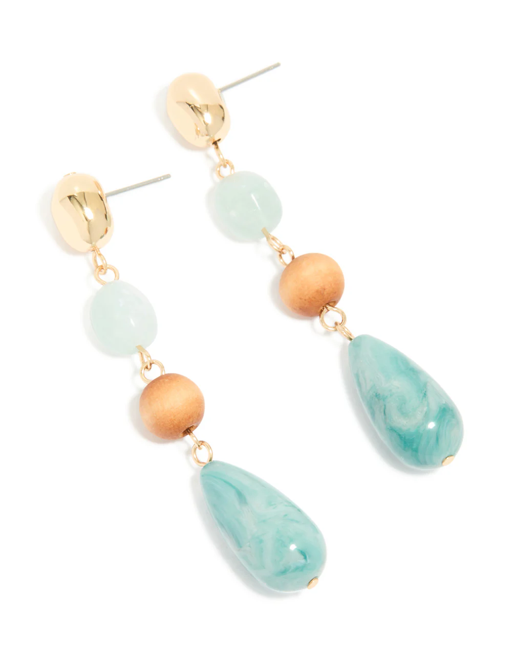 Gold Blue Beaded & Wood Organic Drop Earrings - Image 2