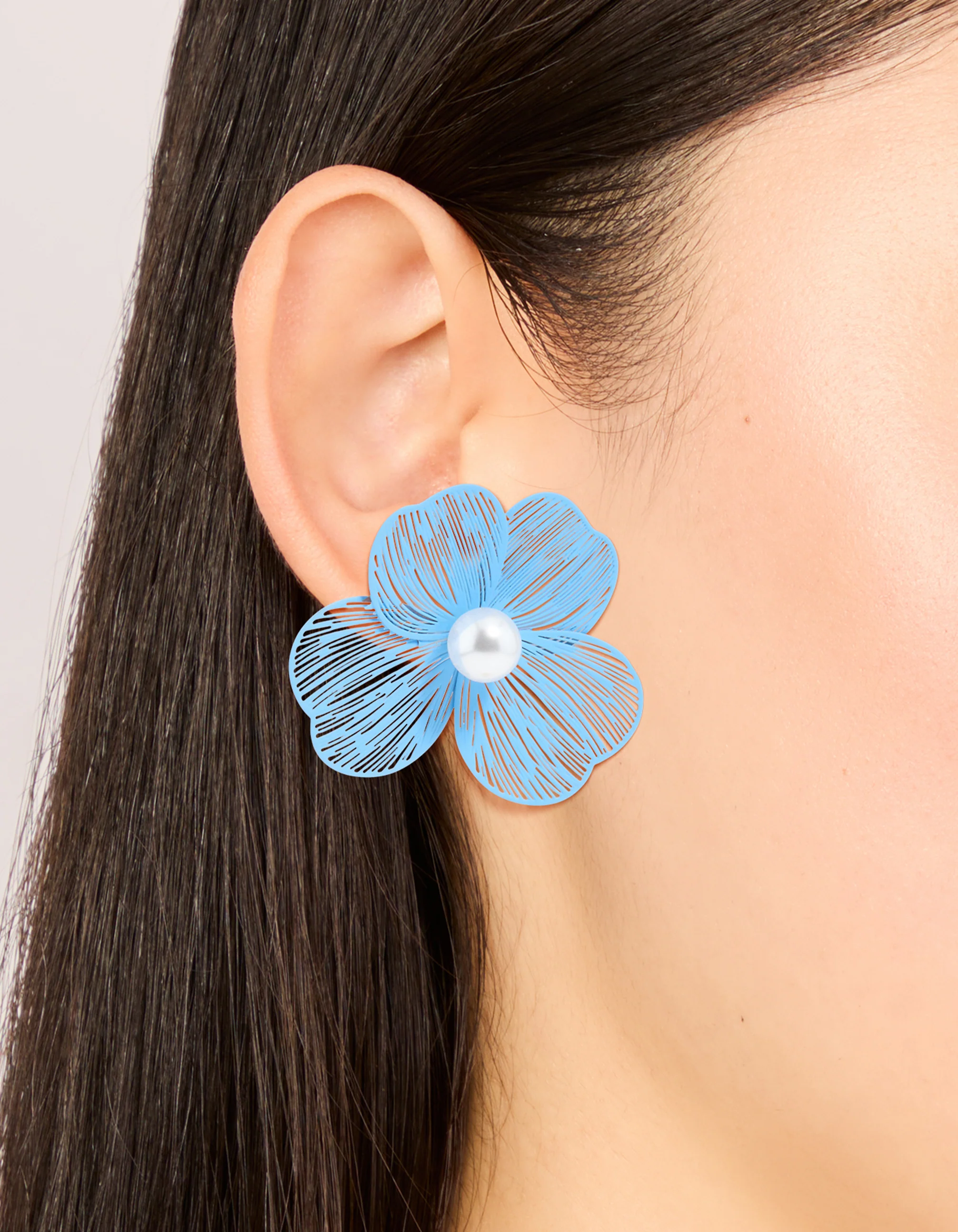 Gold Blue Laser Cut Flower Pearl Stud Earrings - Image 2
