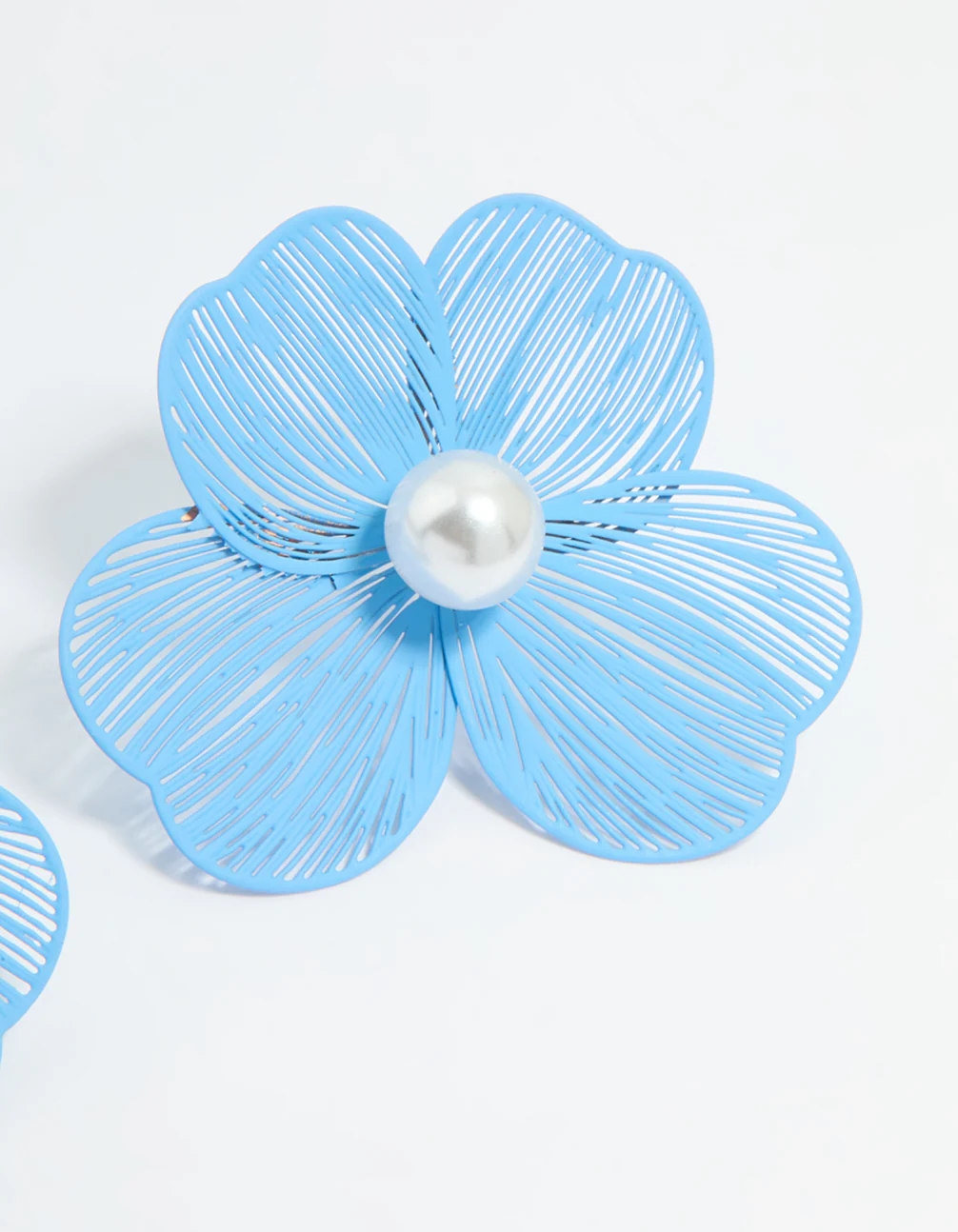 Gold Blue Laser Cut Flower Pearl Stud Earrings - Image 5