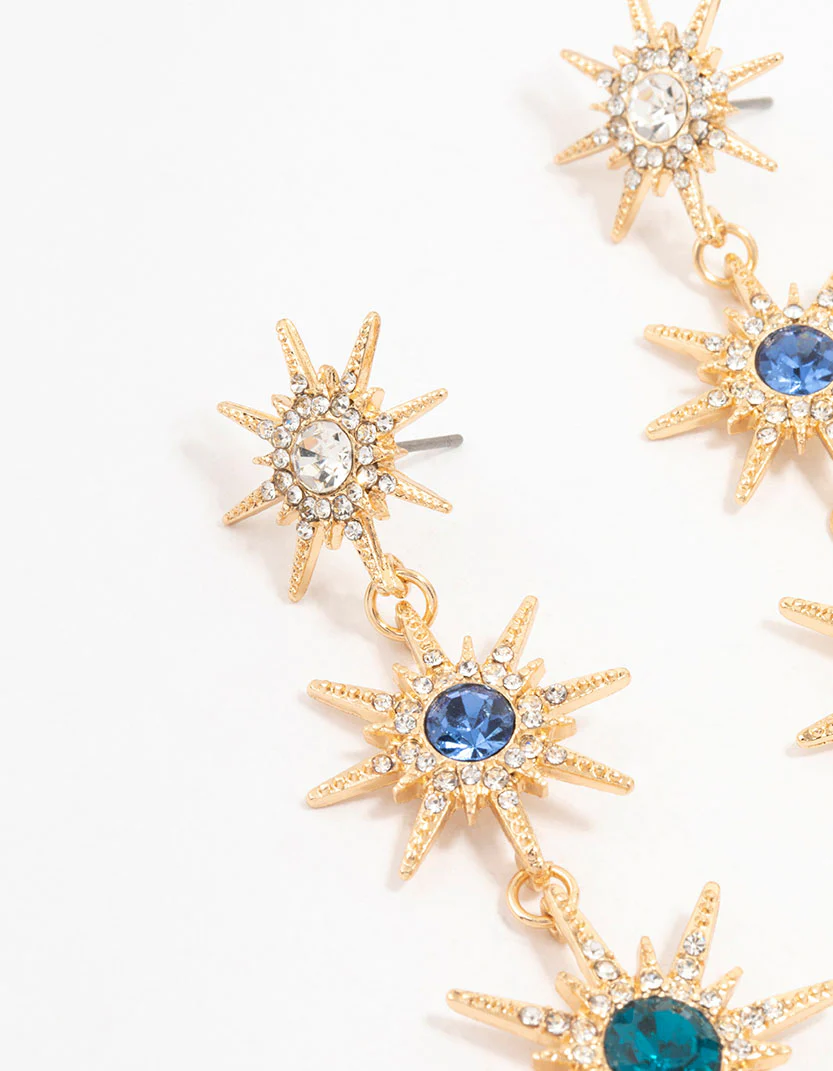 Gold Blue & Silver Cluster Stone Set Star Drop Earrings - Image 2