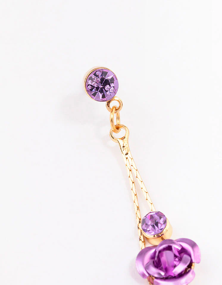 Gold Climbing Purple Rose Drop Earrings - Image 3