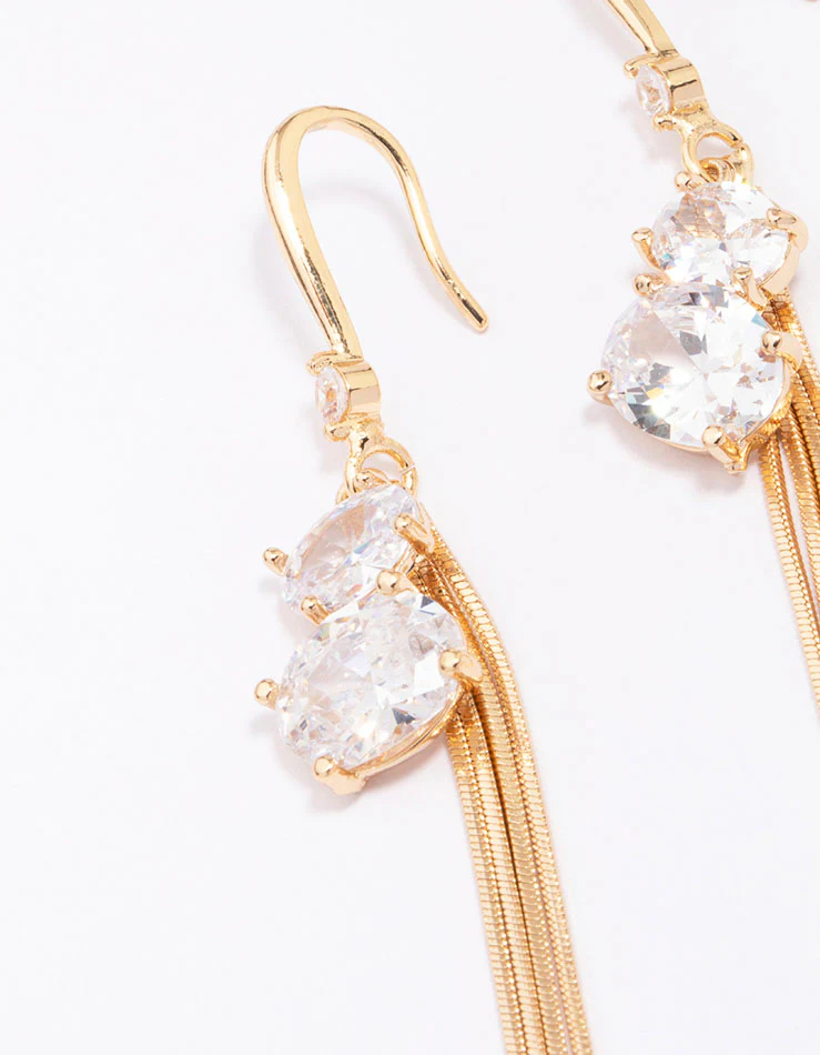 Gold Cubic Zirconia Chain Drop Earrings - Image 2