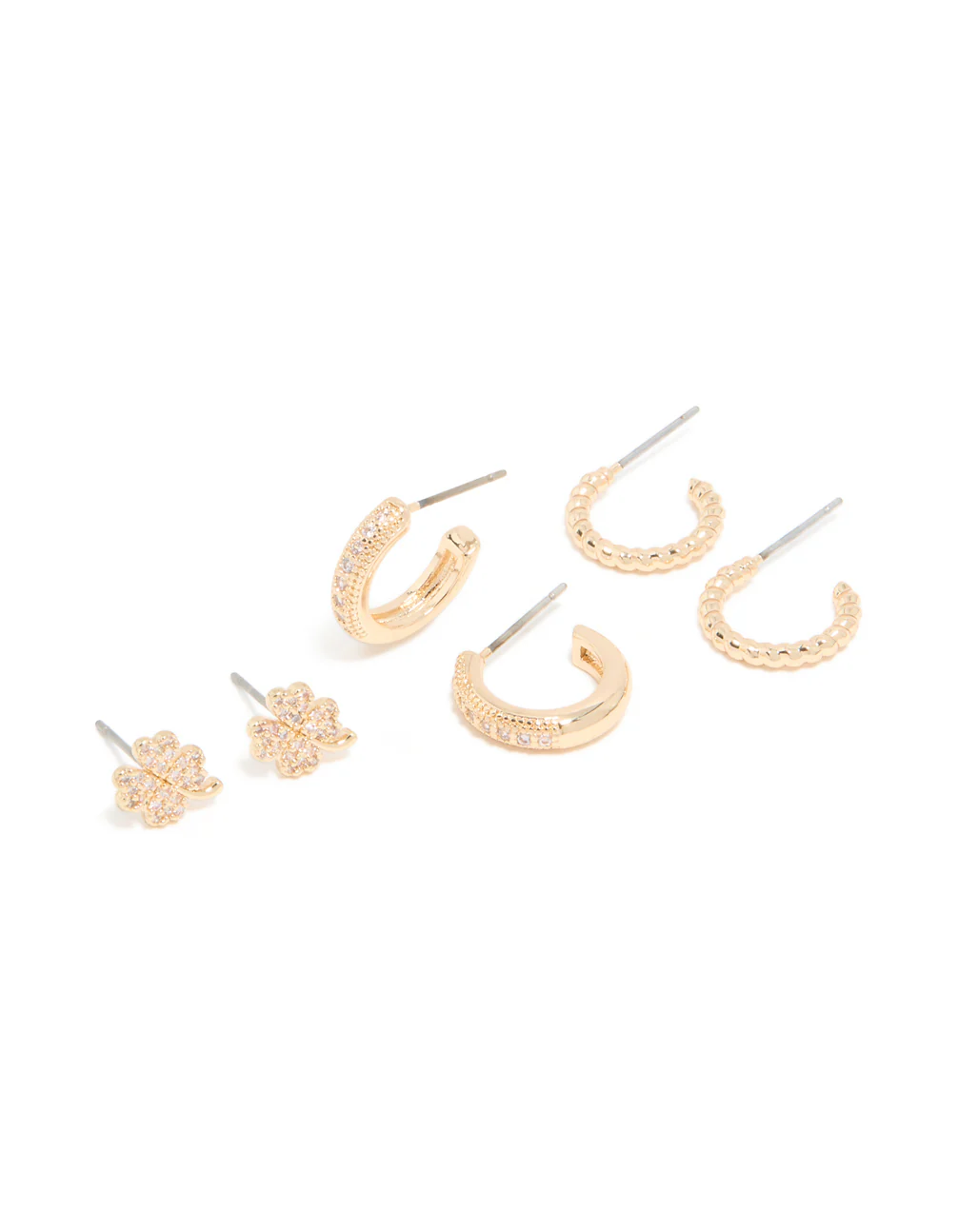 Gold Cubic Zirconia Clover & Hoop Earrings 3-Pack