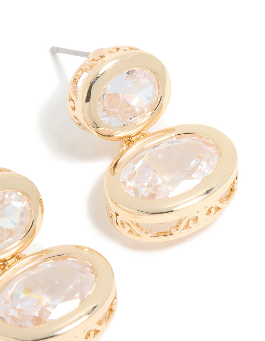 Gold Cubic Zirconia Double Bezel Etched Outer Stud Earrings - Image 5