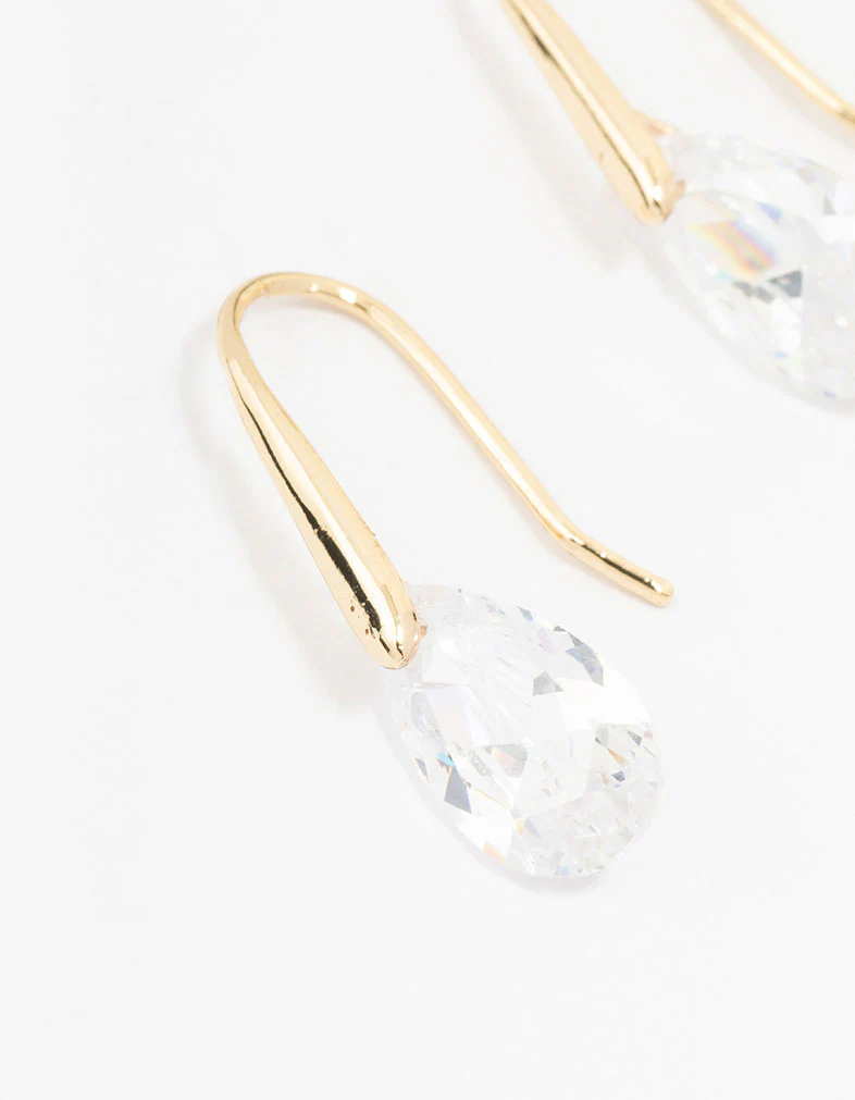 Gold Cubic Zirconia Teardrop Hook Drop Earrings - Image 2