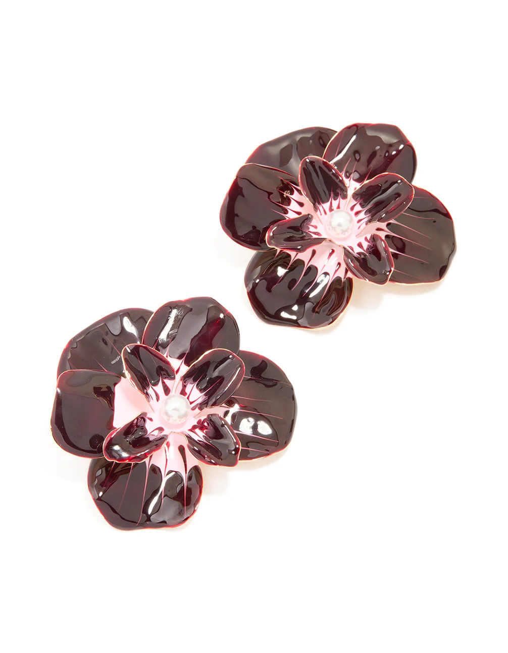 Gold Dark Red Enamel Pearl Flower Stud Earrings