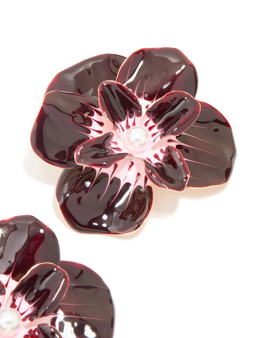 Gold Dark Red Enamel Pearl Flower Stud Earrings - Image 3