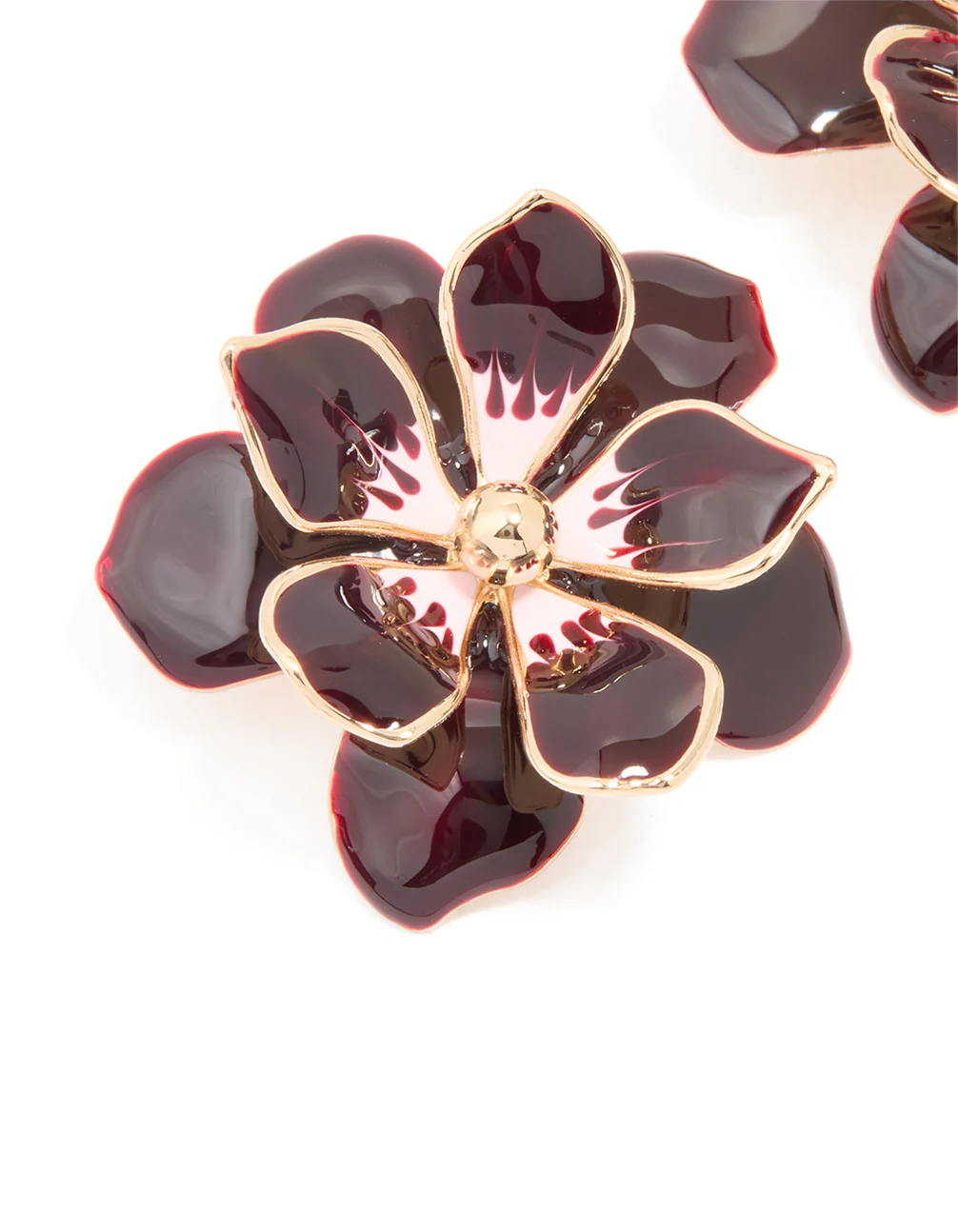 Gold Dark Red Flower Enamel Small Stud Earrings - Image 2