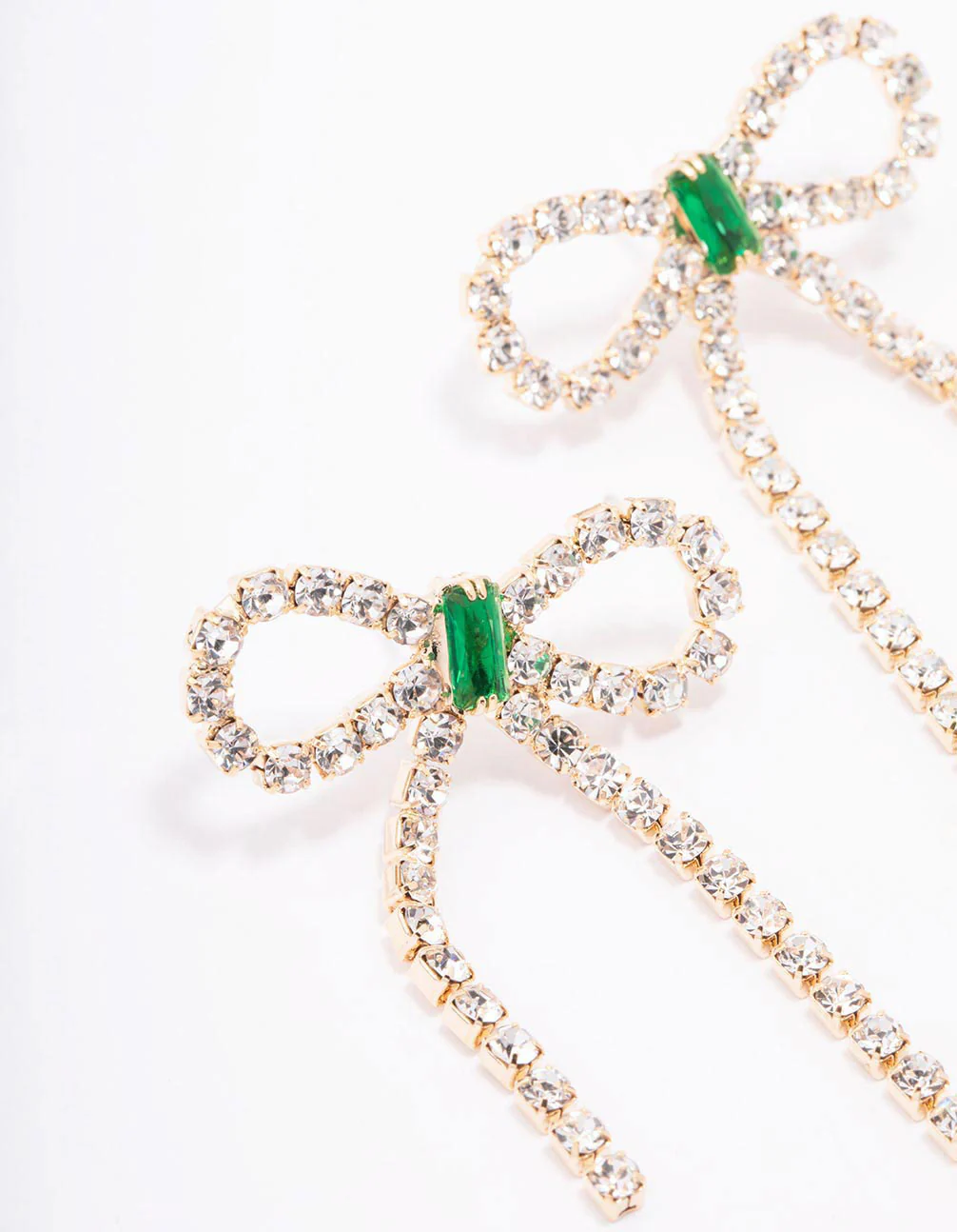Gold Diamante Emerald Bow Drop Earrings - Image 2