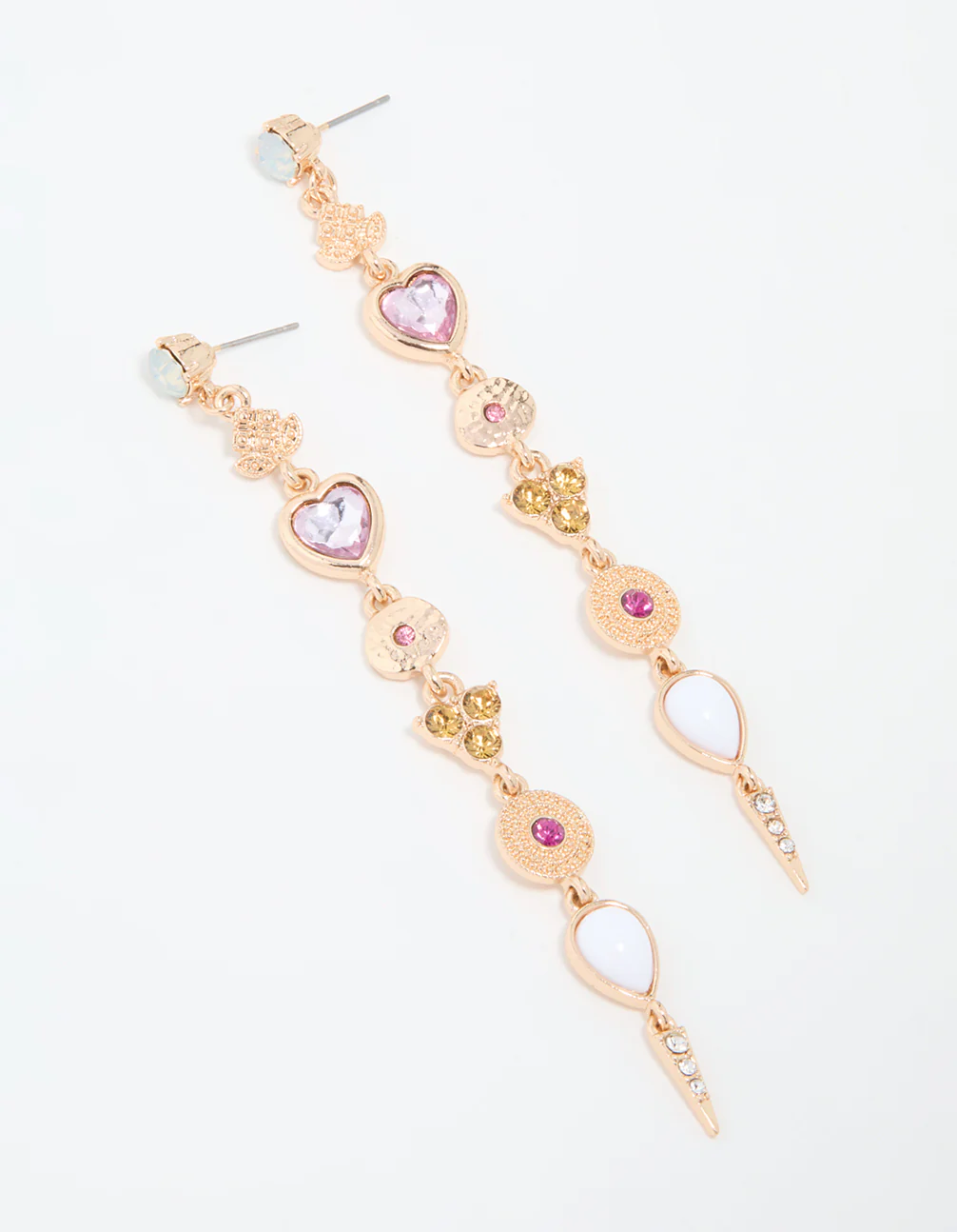 Gold Diamante Multi Shaped Long Drop Earrings