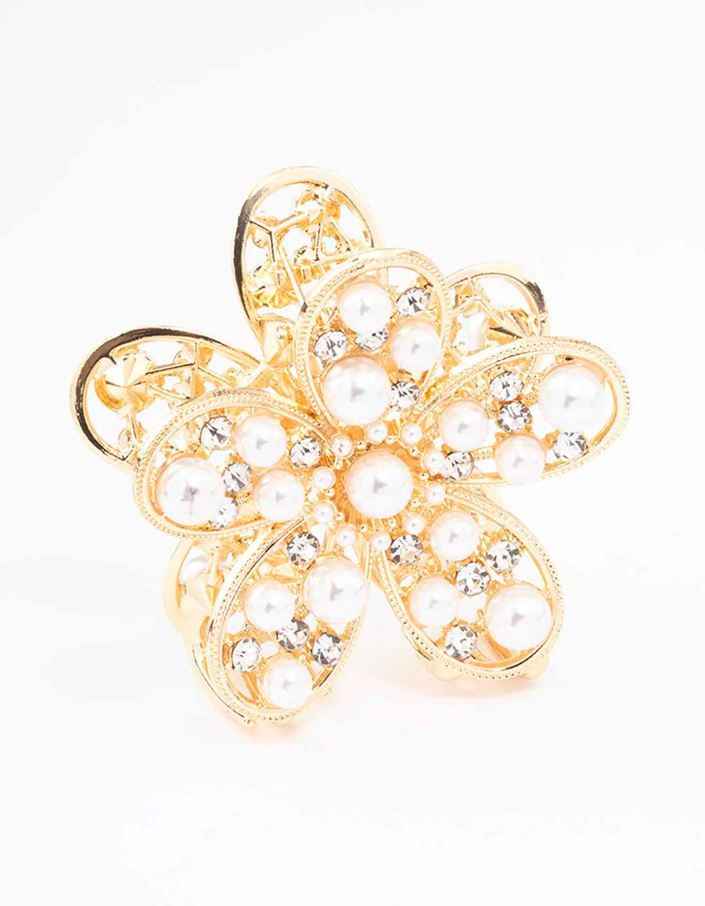 Gold Diamante Pearl Flower Hair Claw Clip - Image 2