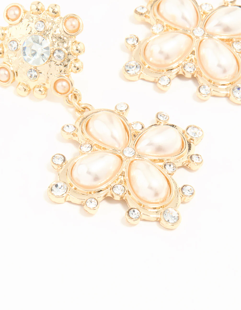 Gold Diamante Pearl Pendant Drop Earrings - Image 4