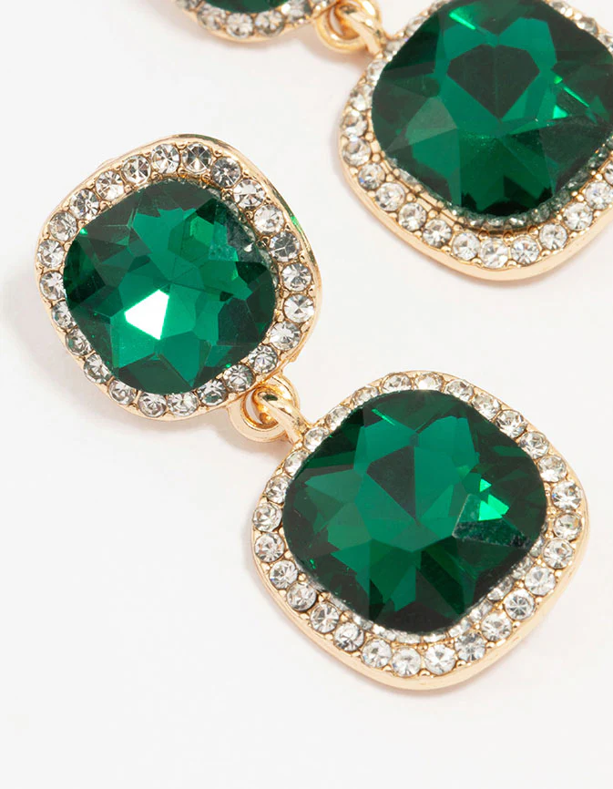 Gold Double Square Emerald Halo Drop Earrings - Image 2