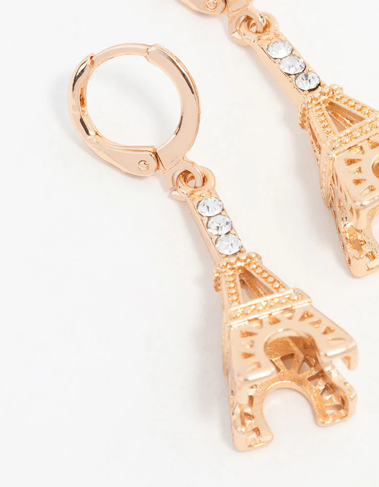 Gold Eiffel Tower Drop Huggie Earrings - Image 2