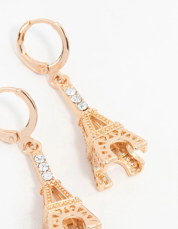 Gold Eiffel Tower Drop Huggie Earrings - Image 3