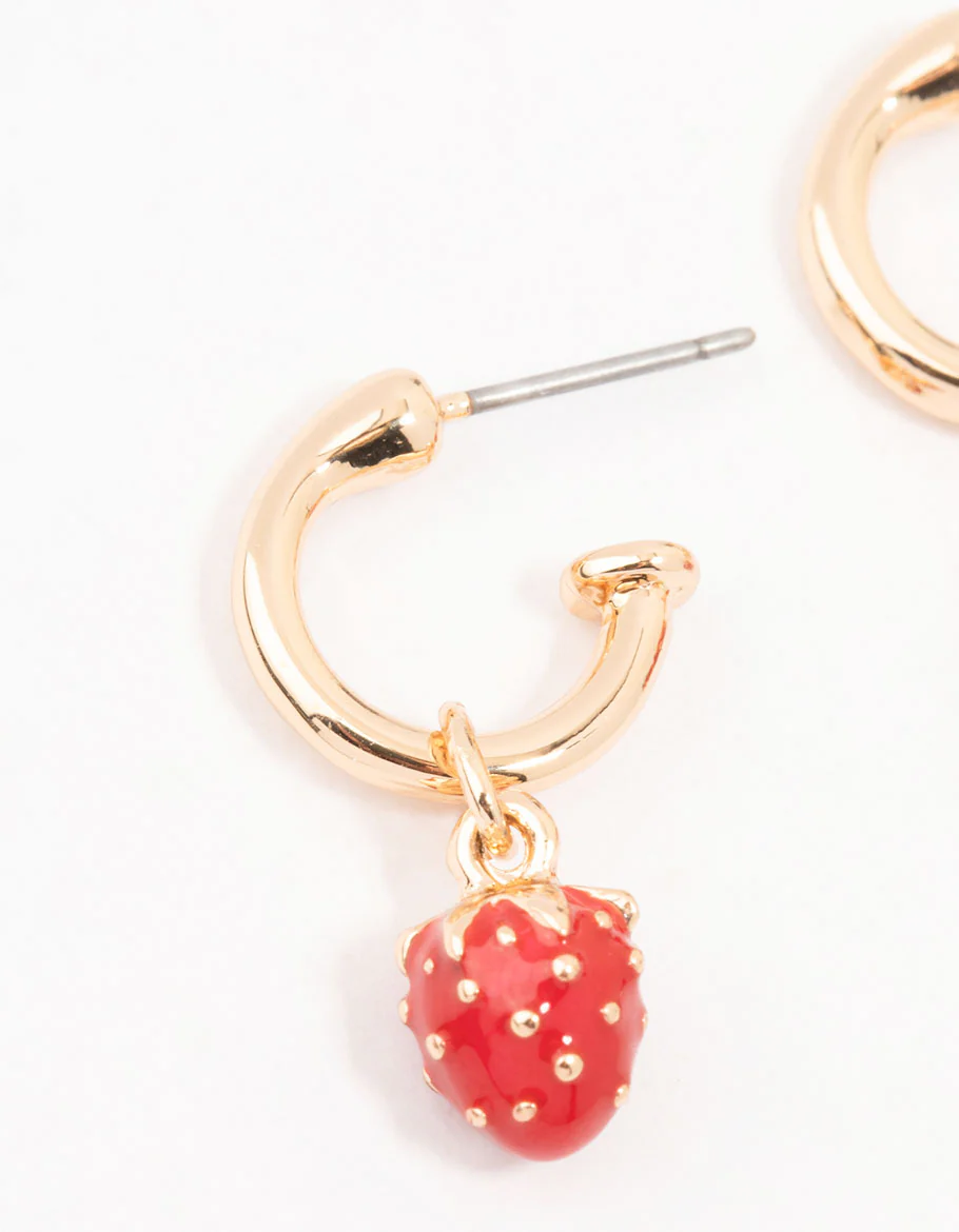 Gold Enamel Strawberry Huggie Earrings - Image 2