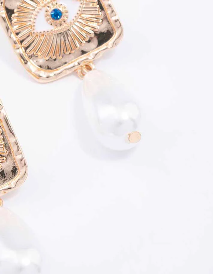Gold Evil Eye Pearl Drop Earrings - Image 3