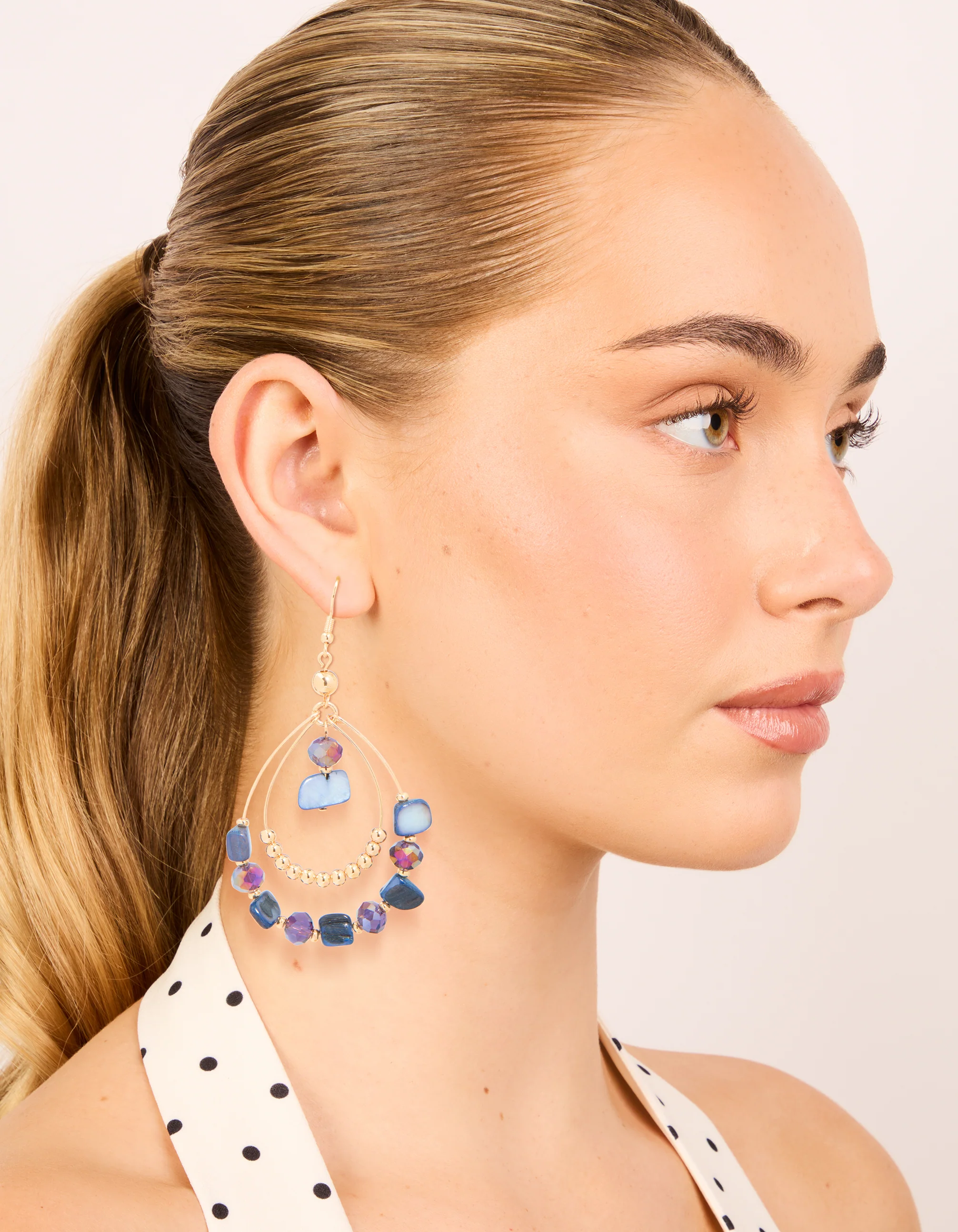 Gold Genuine Purple Shell & Beaded Double Teardrop Earrings - Image 3
