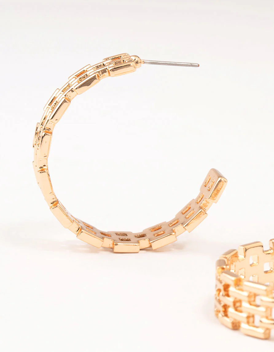 Gold Geometric Print Link Hoop Earrings - Image 2