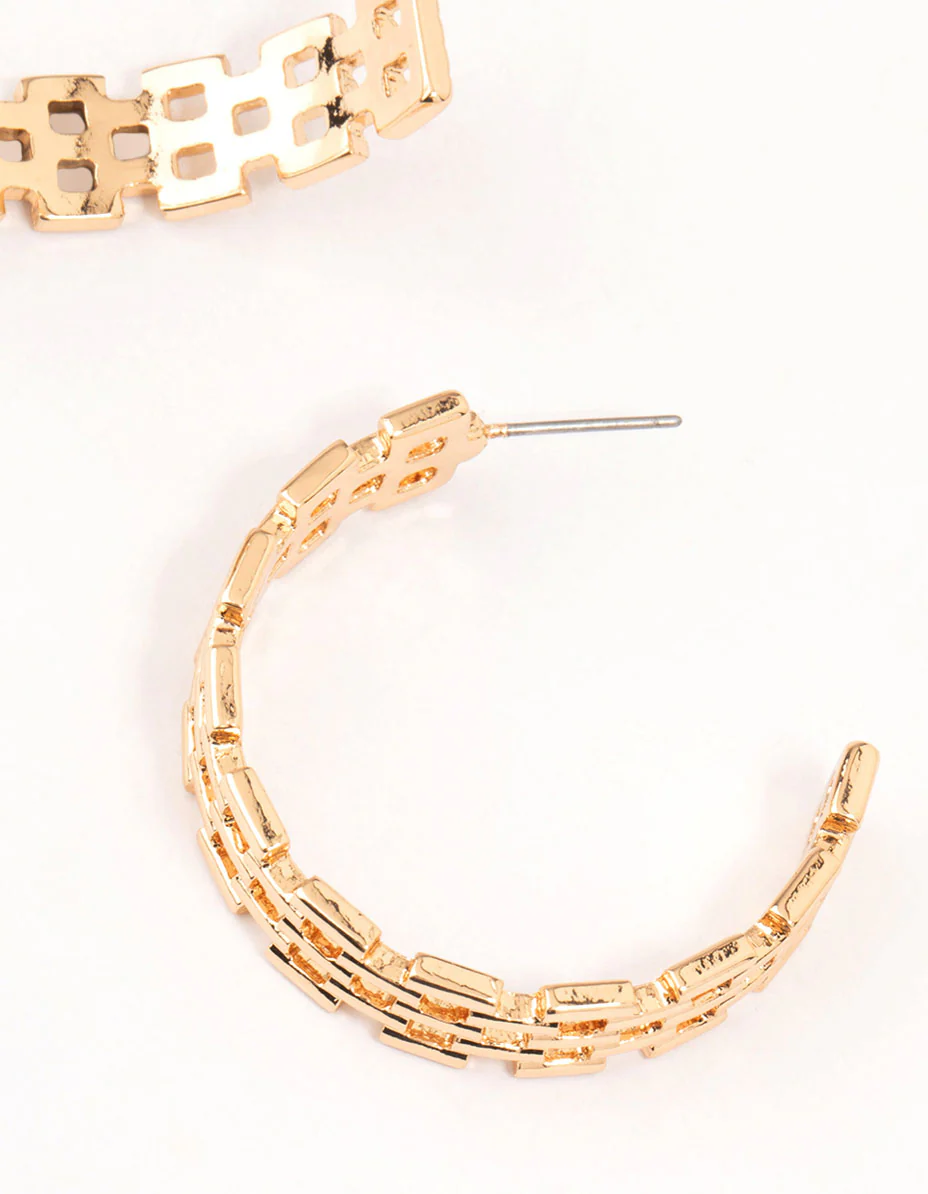 Gold Geometric Print Link Hoop Earrings - Image 3