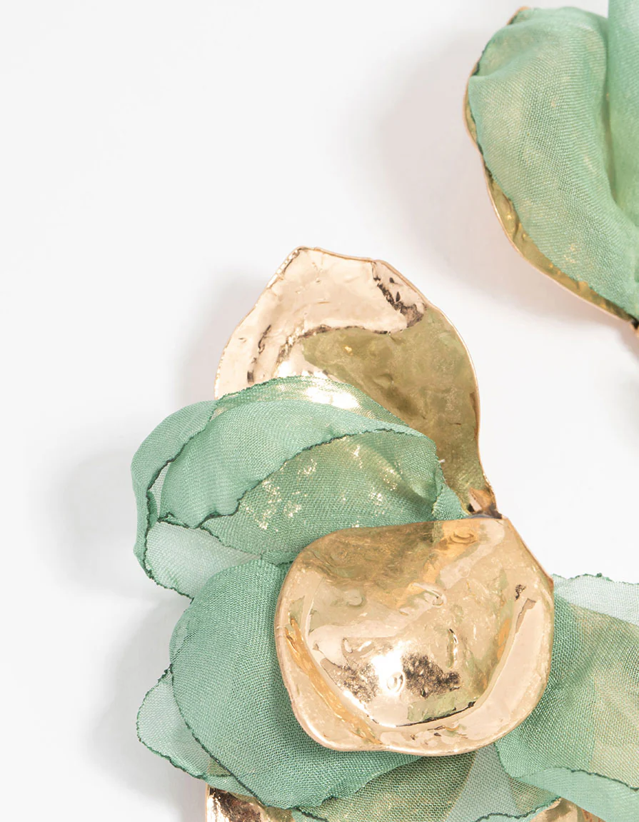 Gold Green Fabric Flower Drop Earrings - Image 4