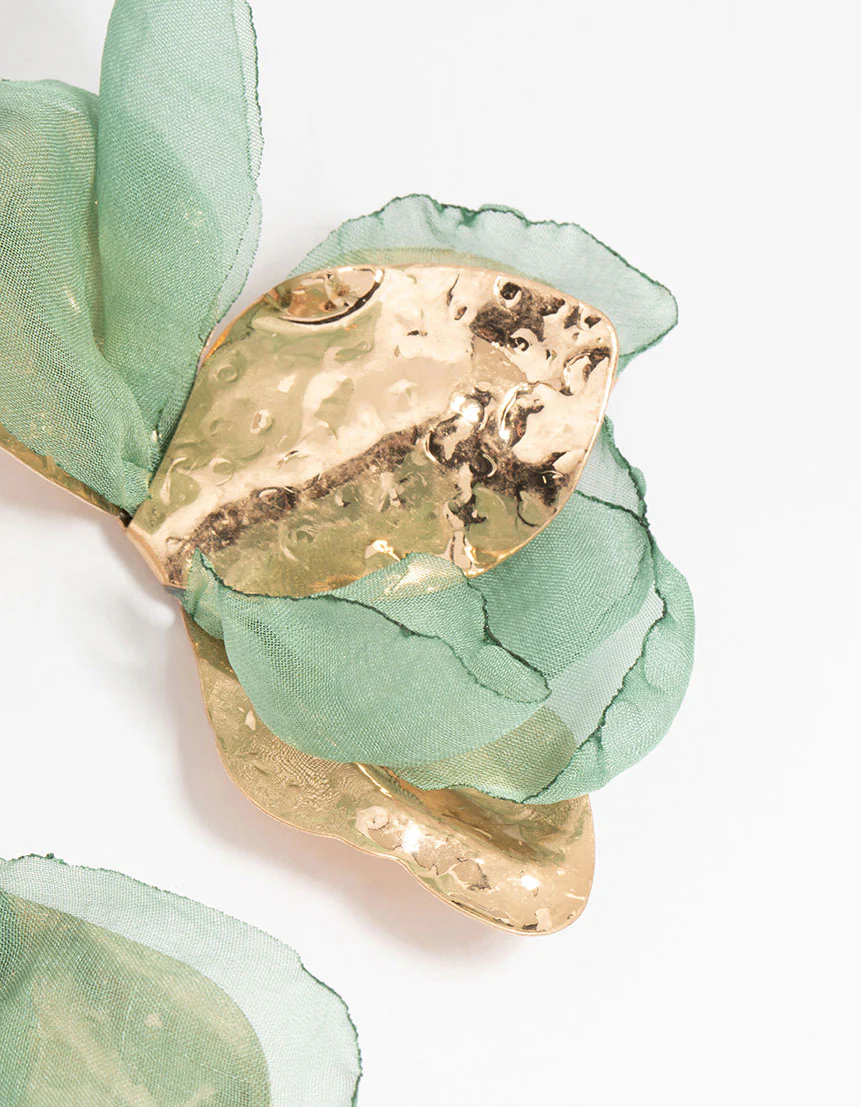 Gold Green Fabric Flower Drop Earrings - Image 5