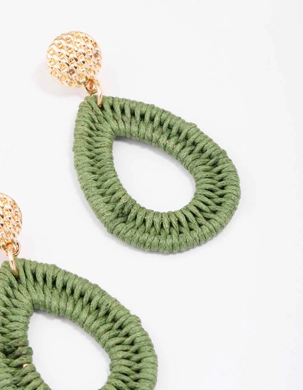 Gold & Green Oval Raffia Stud Drop Earrings - Image 3
