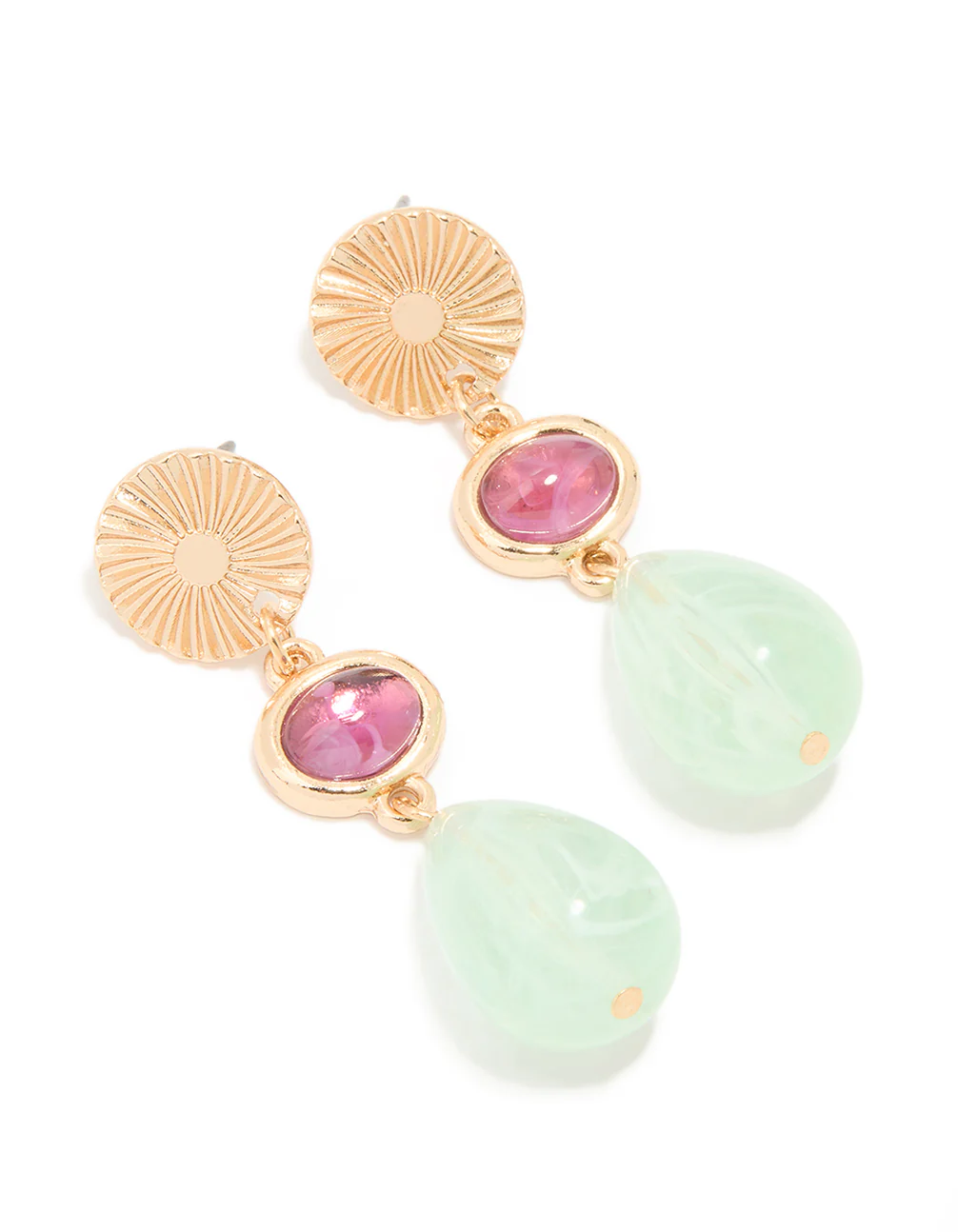 Gold Green & Pink Beaded Drop Earrings