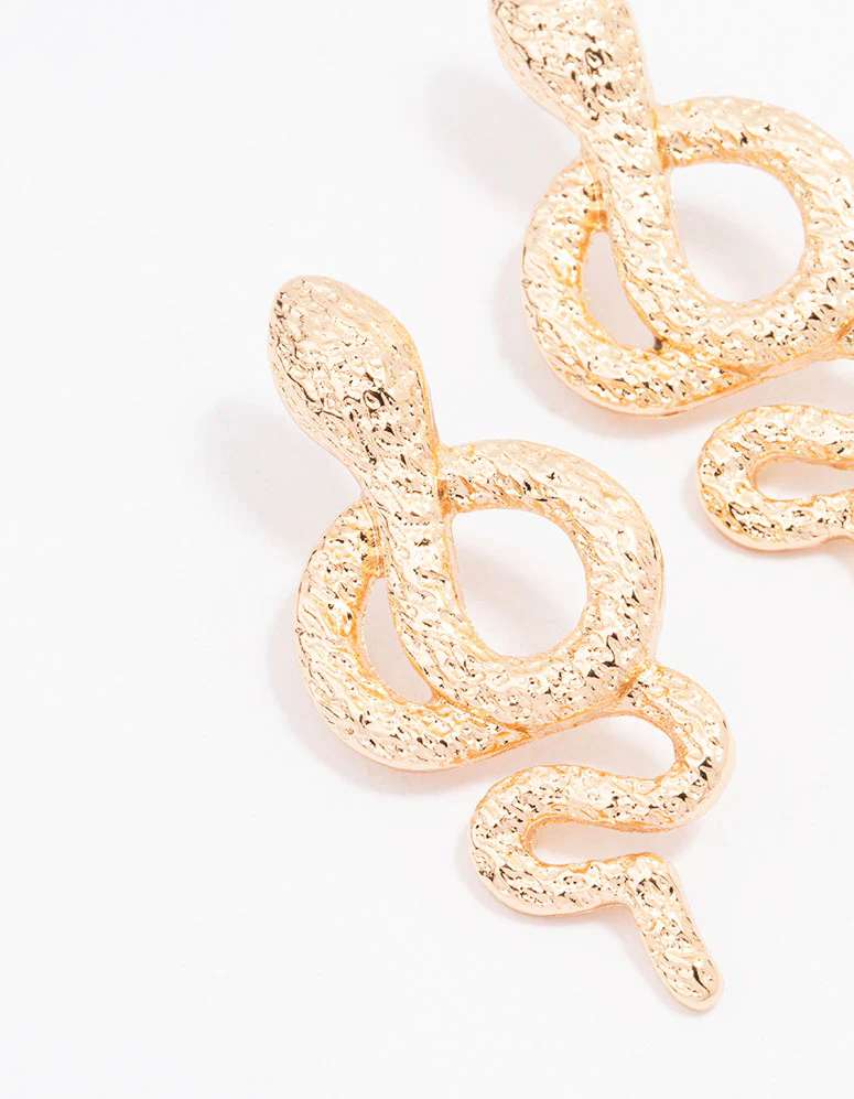Gold Hammered Twisted Snake Drop Earrings - Image 2