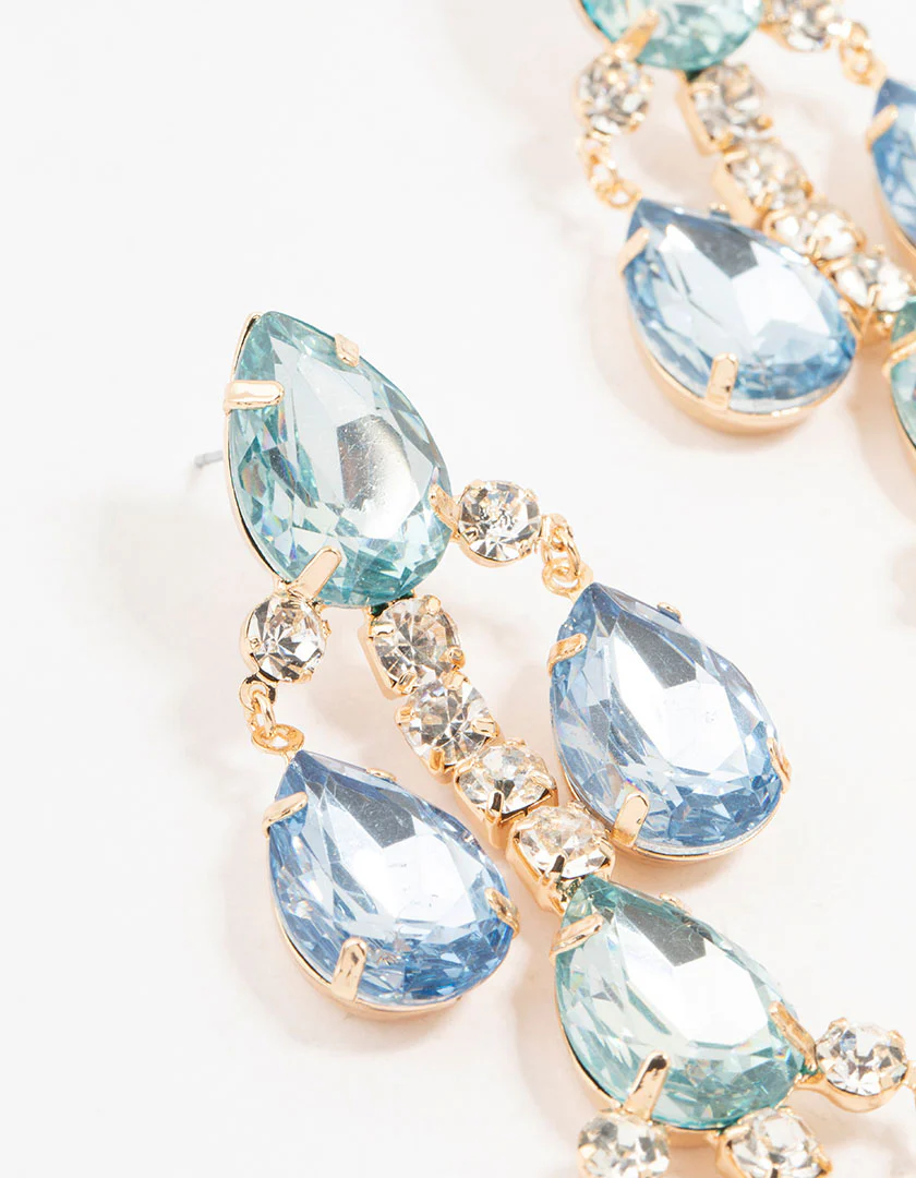 Gold Light Blue Teardrop Stone Set Drop Earrings - Image 2