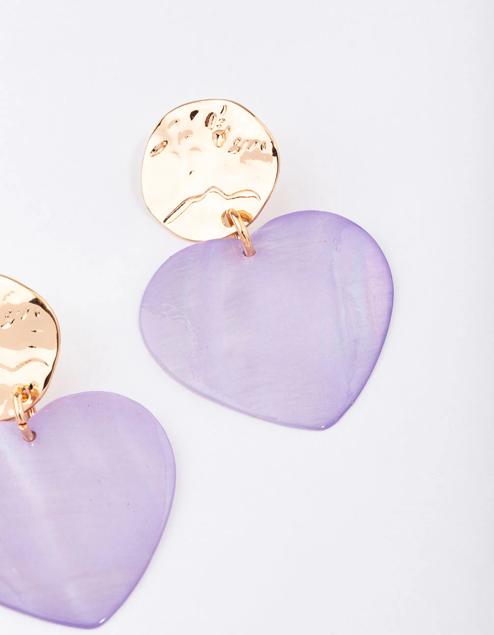 Gold & Lilac Genuine Shell  Iridescent Heart Drop Earrings - Image 3