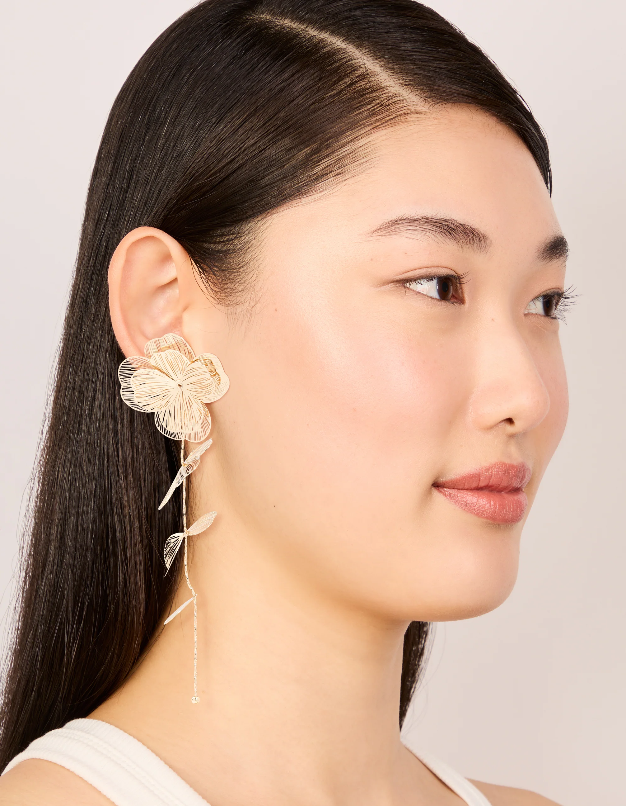 Gold Long Floral Drop Earrings - Image 3