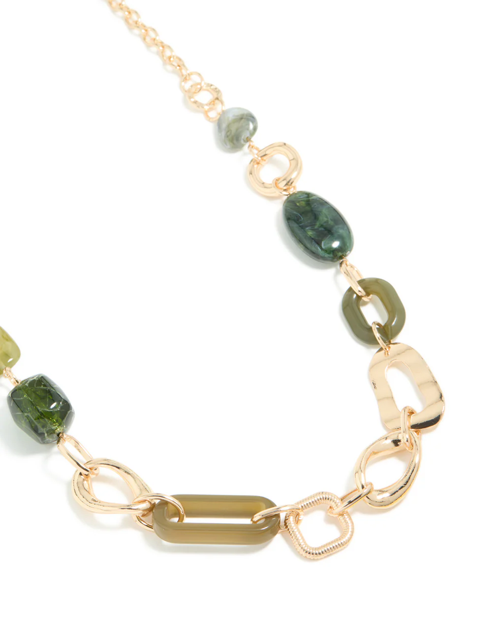 Gold Long Green Beaded & Link Necklace