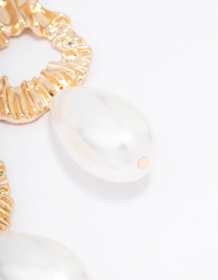 Gold Molten Pearl Drop Earrings - Image 3
