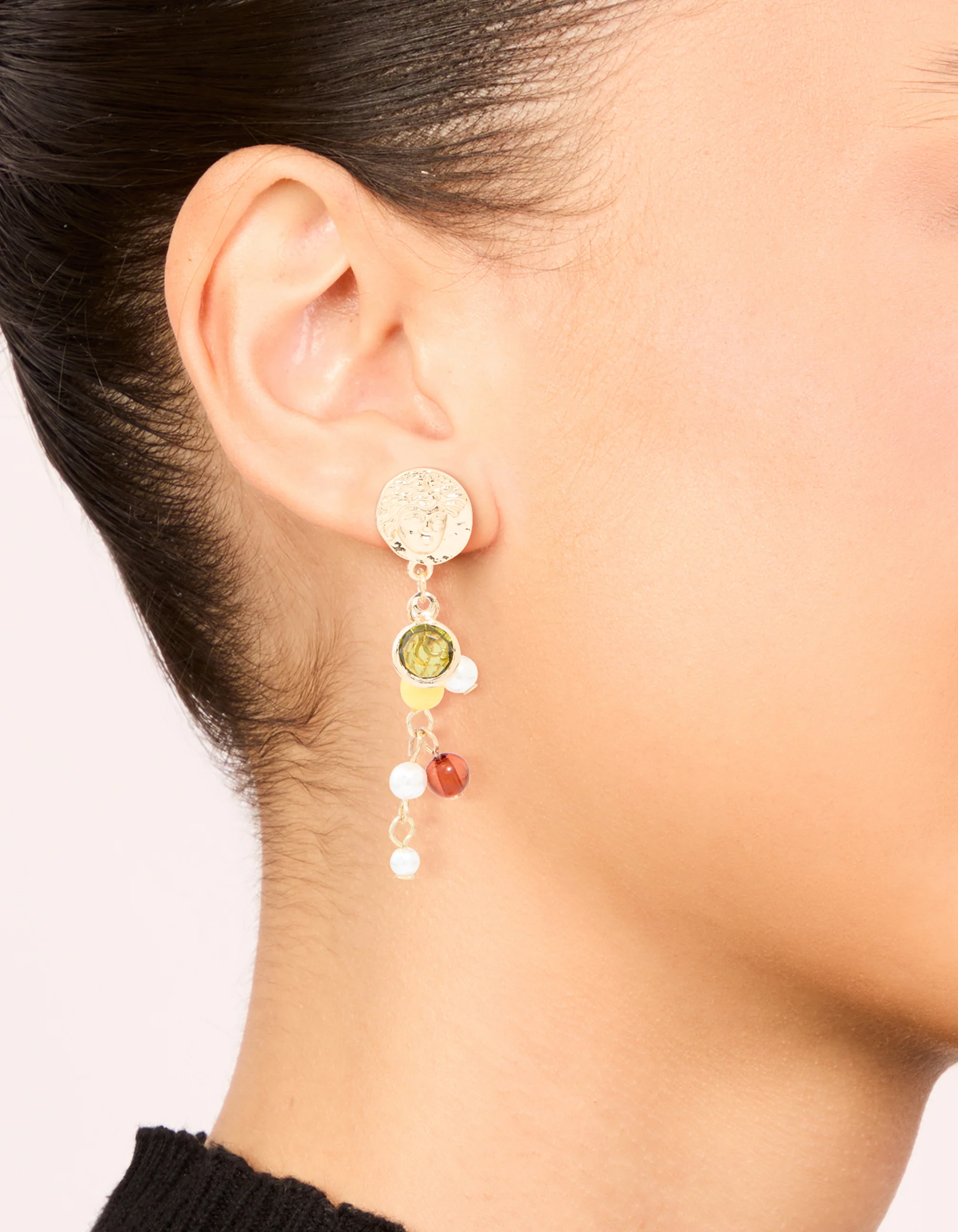 Gold Multicoloured Beaded & Molten Disc Drop Earrings - Image 2