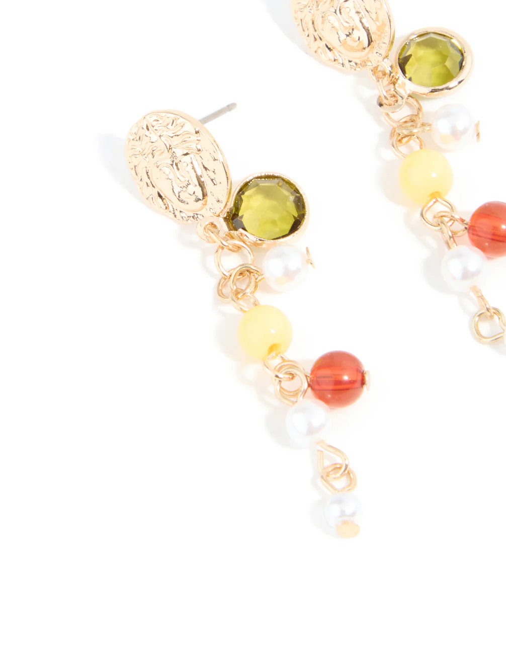 Gold Multicoloured Beaded & Molten Disc Drop Earrings - Image 4